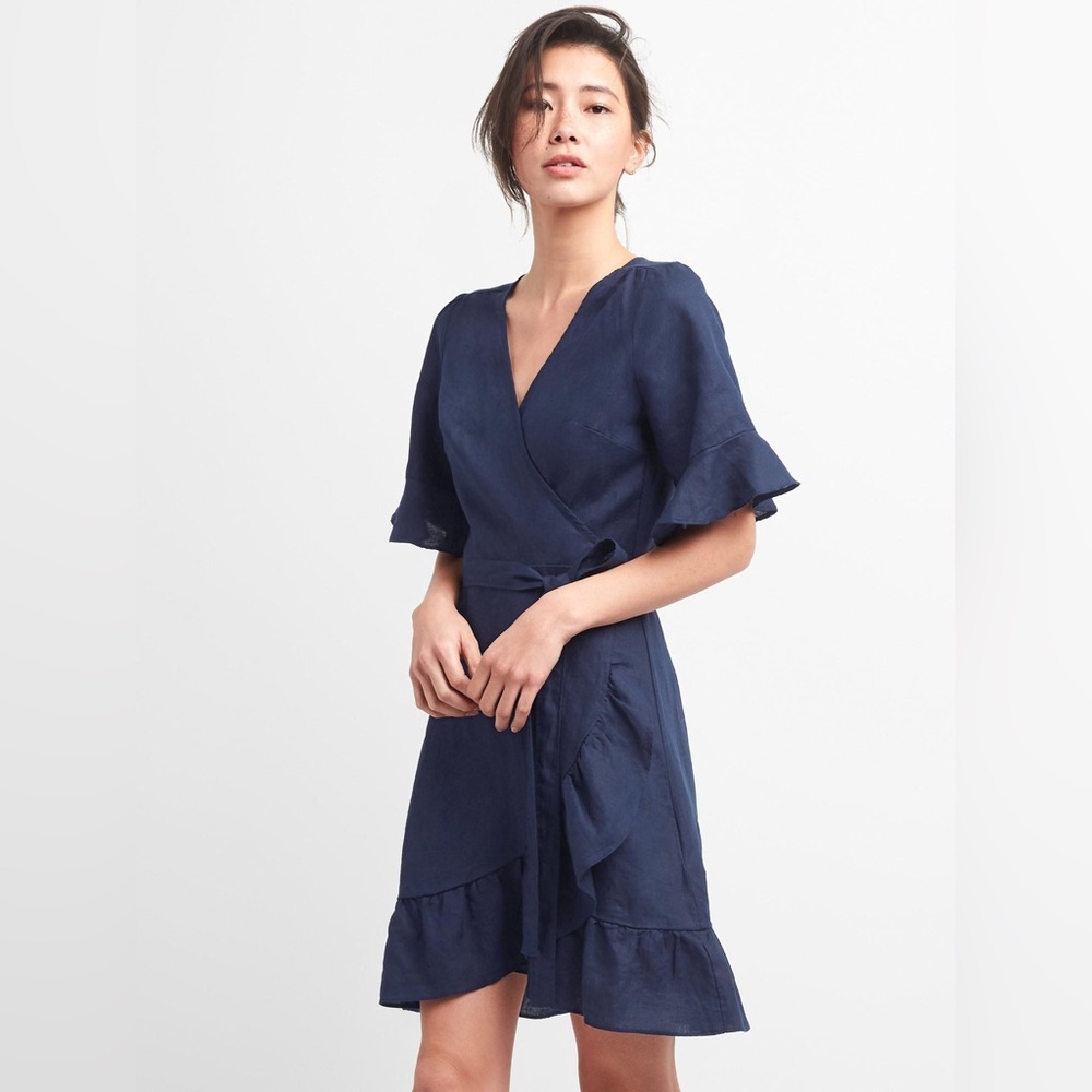 NWOT Gap 100% Linen Navy Wrap Dress with Ruffle Sleeves Size Large